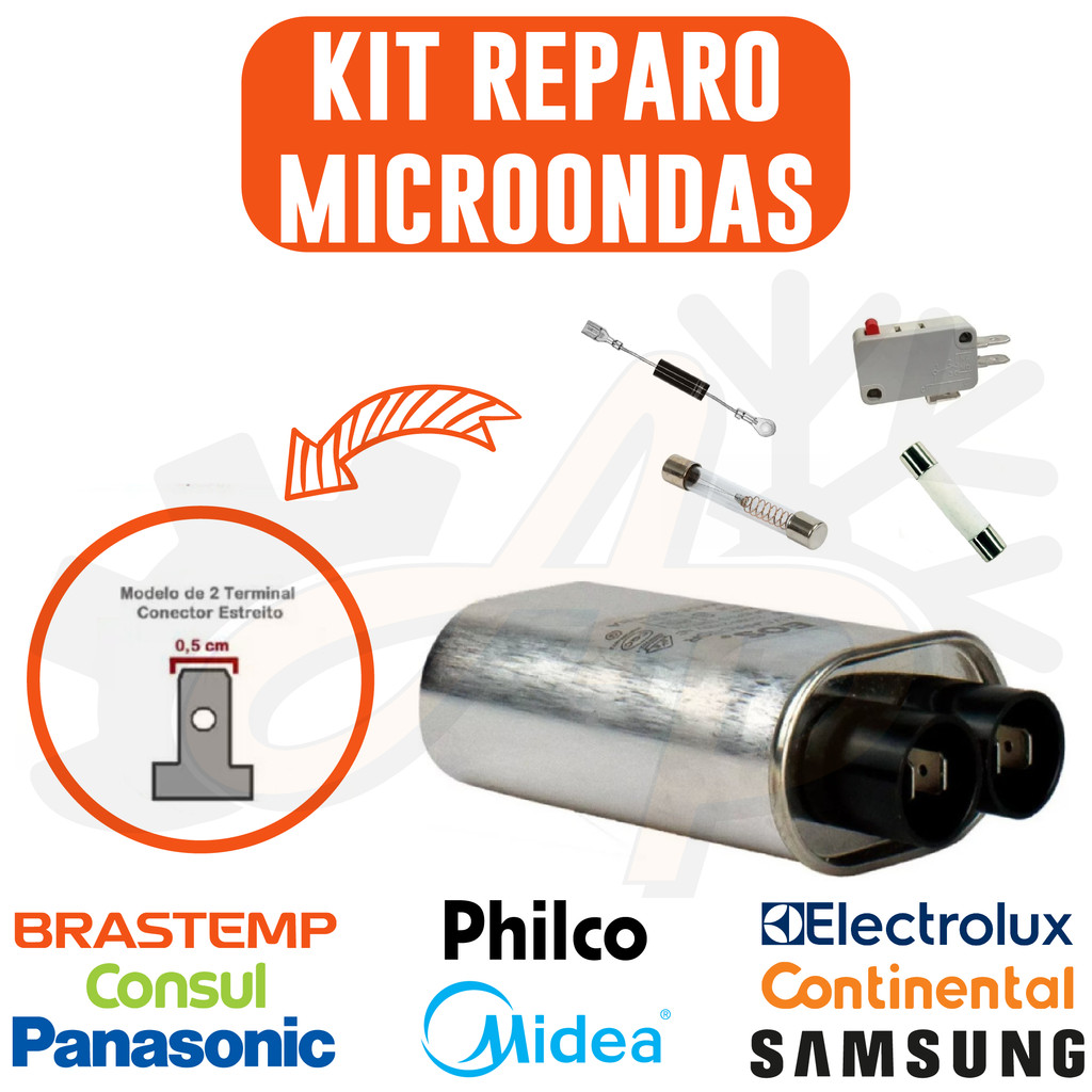 Kit Reparo P/ Microondas com Capacitor 1,05uf + Fusível Cerâmica + Fusível Vidro + Diodo + Micro chave