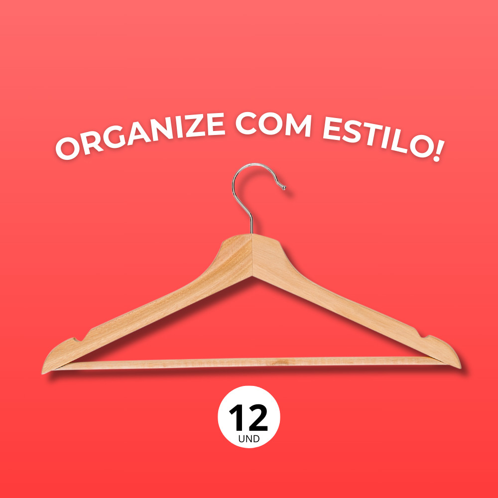 Kit 12 Cabides De Madeira Para Roupas Calça Vestido Cava Alça Adulto Cava