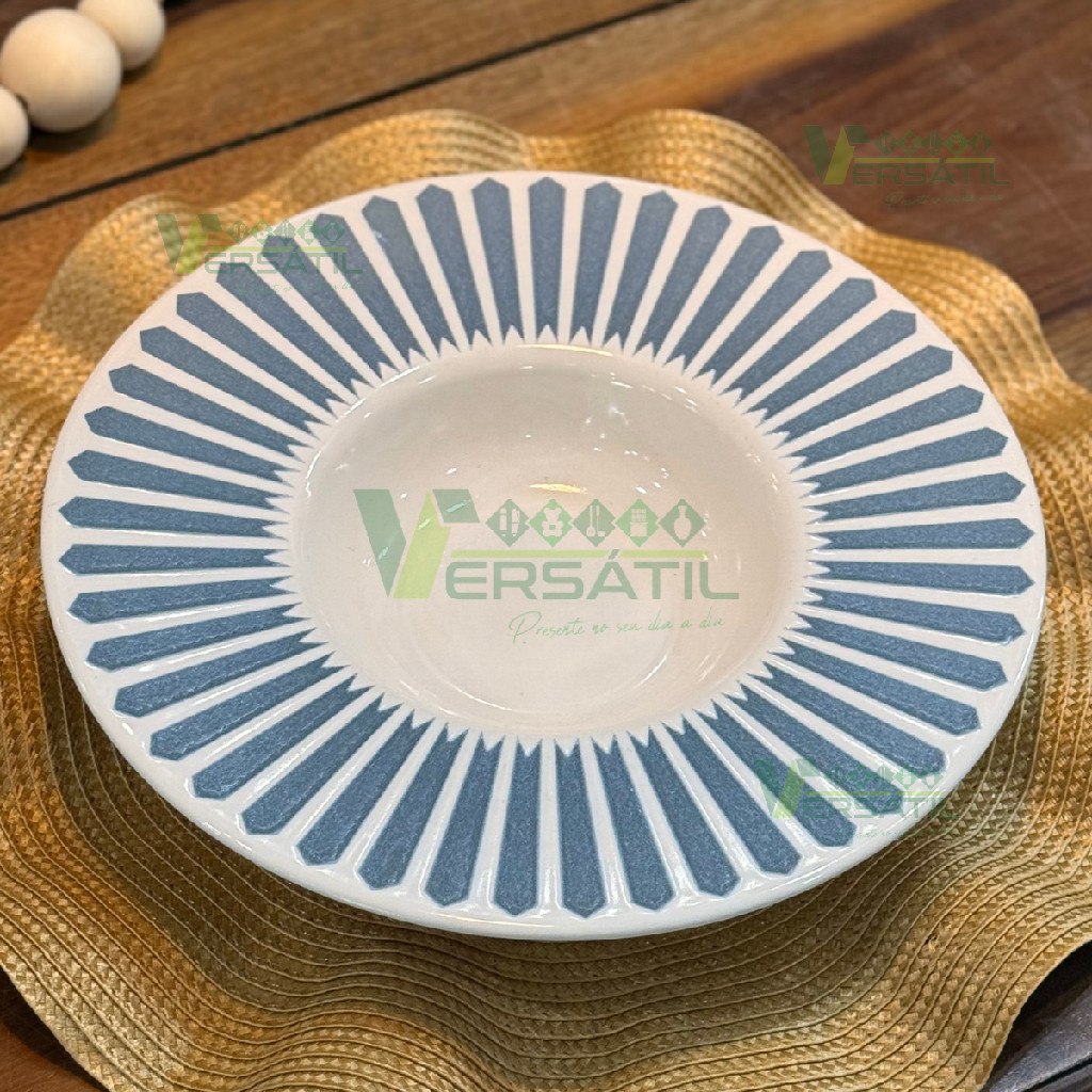 Prato Risoto Fundo Wolff Mediterrâneo Almoço Janta Mesa Posta Grande Azul e Branco Listrado Grego Requintado Luxo Praia