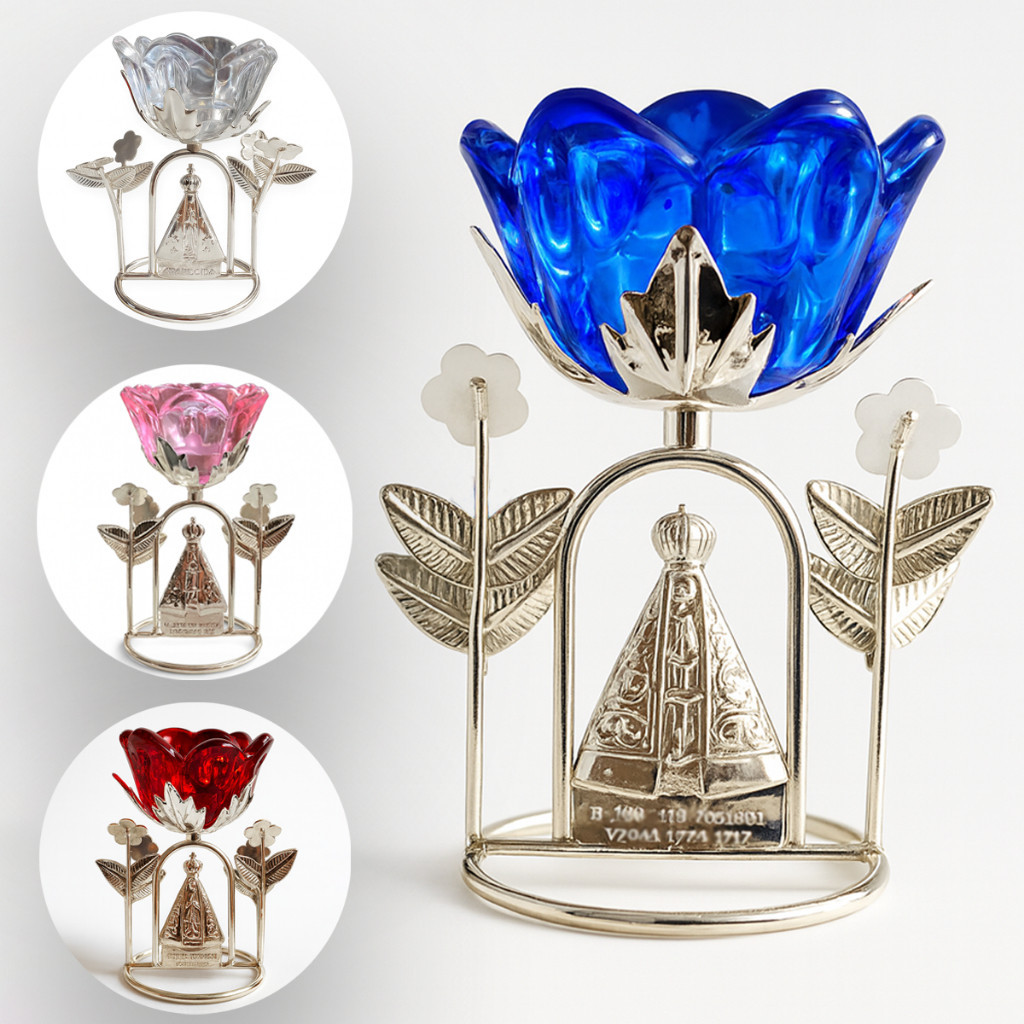 Porta Vela Castiçal  Nossa Senhora Aparecida Flor de Vidro Base De Metal Com Mini Vela Incluso Linda Promoção