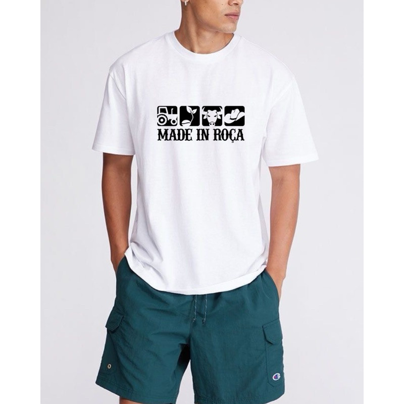Camiseta Made in Roça – Estilo Agro, Rural, Country, Algodão 100%, Unissex, Branco e Bege, P ao G