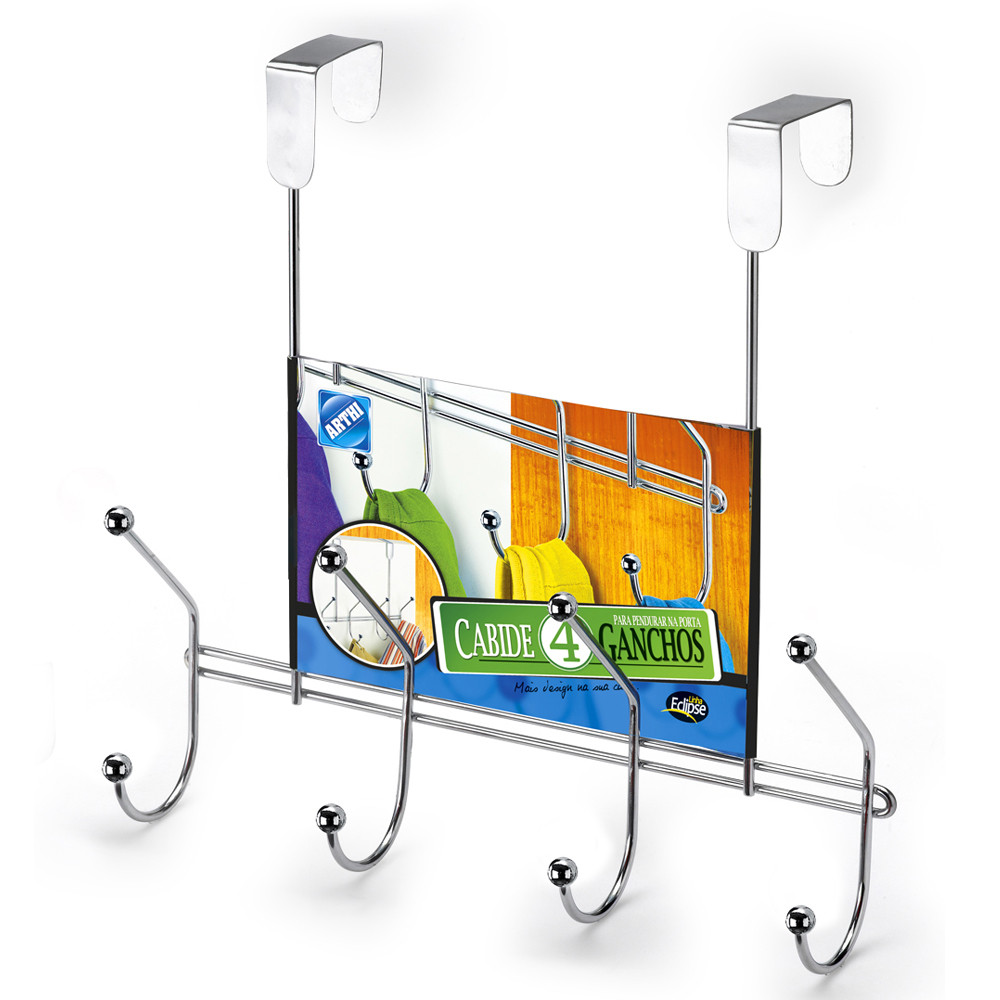 Cabideiro Porta 4 Ganchos Aço Cromado Modelo Eclipse Roupas Toalhas Bolsas Acessórios Arthi