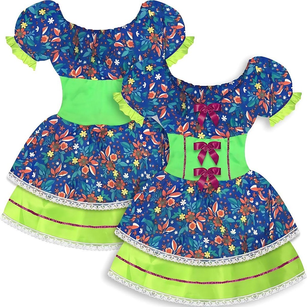 Vestido Festa Junina Ciganinha Colorida Arraia 2023 Azul e Vermelho em Oferta na Shopee