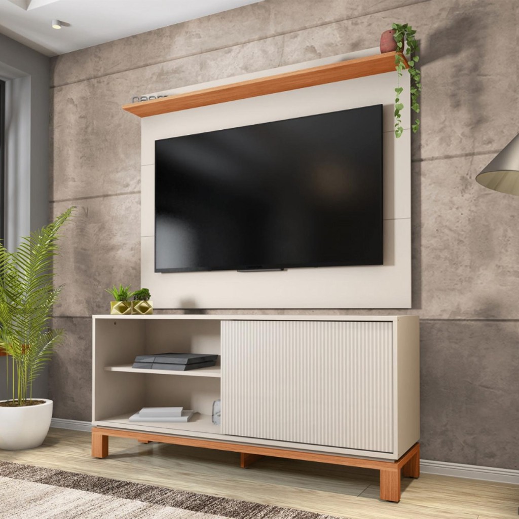 Rack com Painel para TV 55 Polegadas Mondrian 1.3 Off White e Freijó