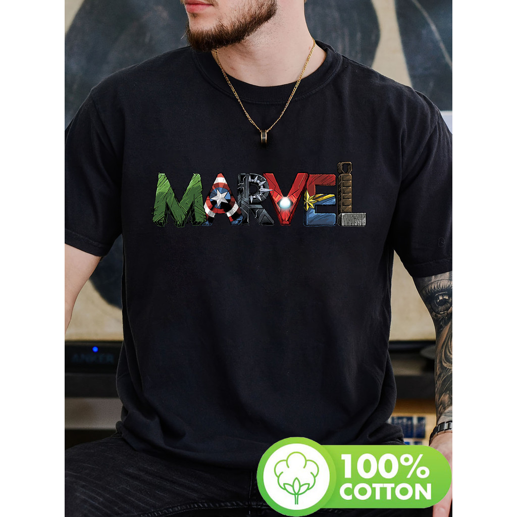 Camiseta Unissex Premium Plus size Marvel Avengers Retrato Texto Verão Básica Oversized 100% Algodão Confecção Própria