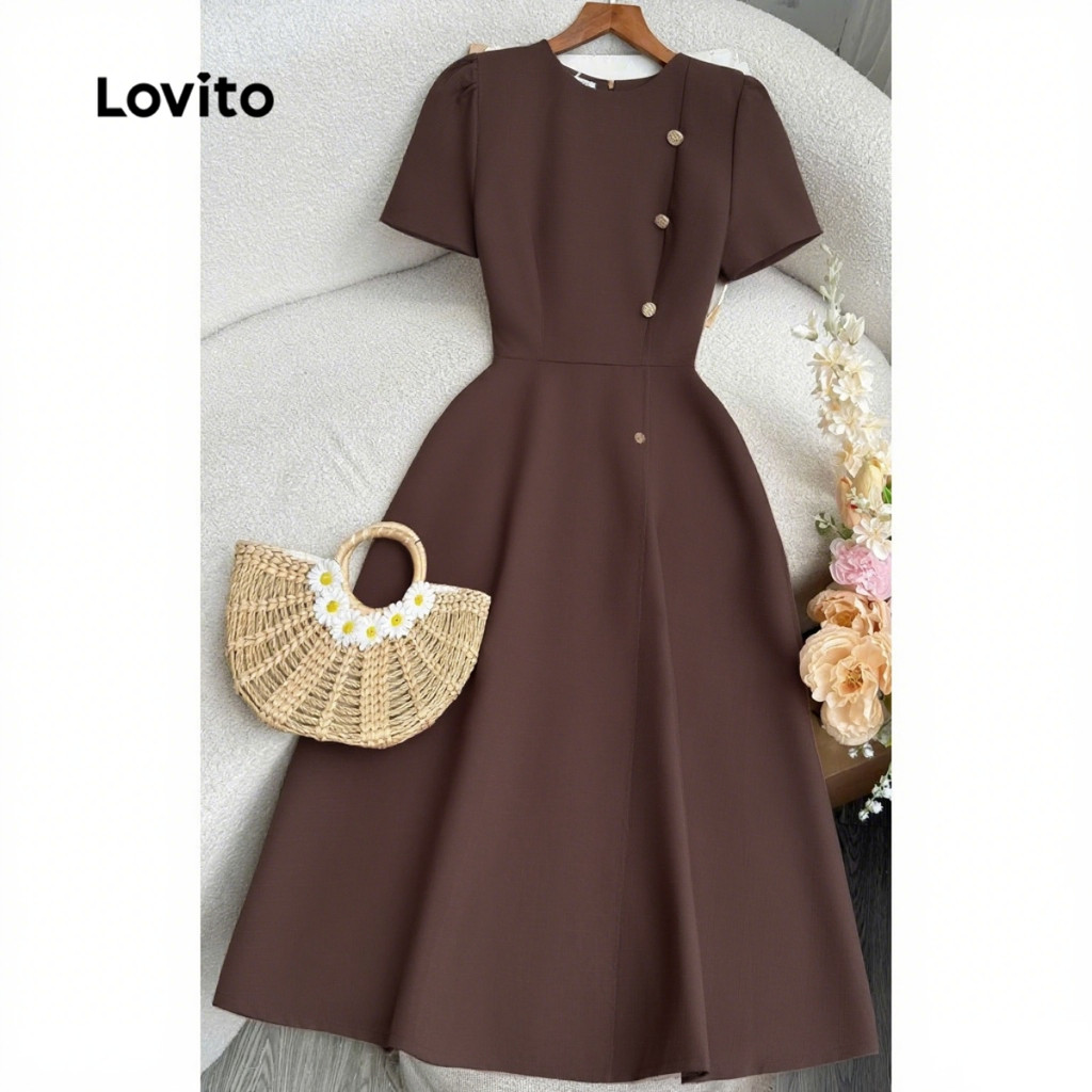 Detalhes do (NEW) Lovito Vestido Casual Assimétrico de Primavera/verão Marrom para Mulheres L149ED166