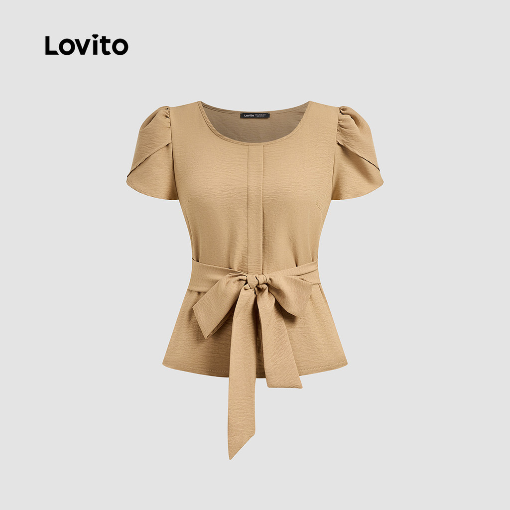 Detalhes do Lovito Blusa Casual com Cinto para Primavera/verão Blusa Caqui para Mulheres L149ED122