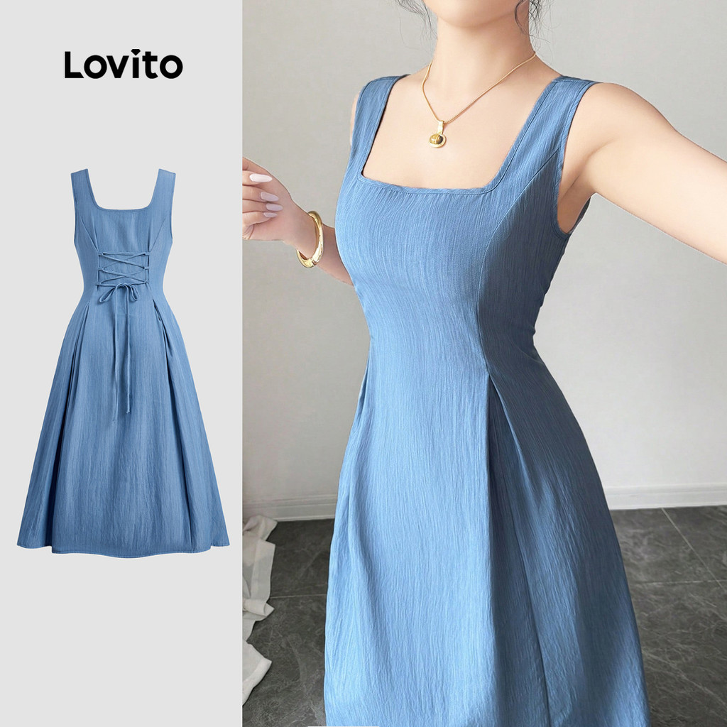 Lovito Vestido Casual Azul Com Amarração Nas Costas E Zíper Para Mulheres Ideal Para a Primavera/verão L149ED1111 em Oferta na Shopee