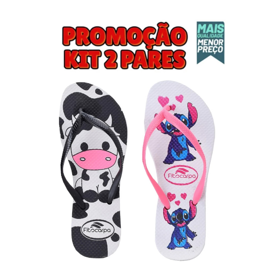 Kit 2 Pares Chinelo Feminino de Dedo Estampado Leve Confortável Moda Verão Fashion