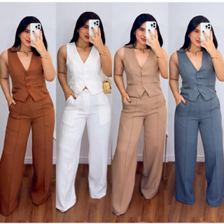 Conjunto Feminino Alfaiataria Calça Pantalona Wed Leg Com Colete Elegante Casual em Oferta na Shopee