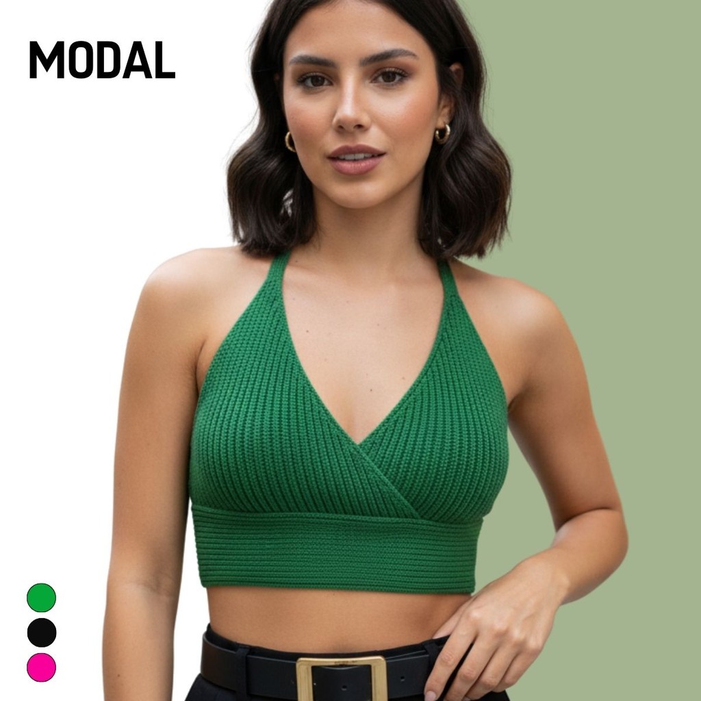 Top Cropped Feminino Tricot Modal Alça Fina Canelado Verão Essencial Moderno