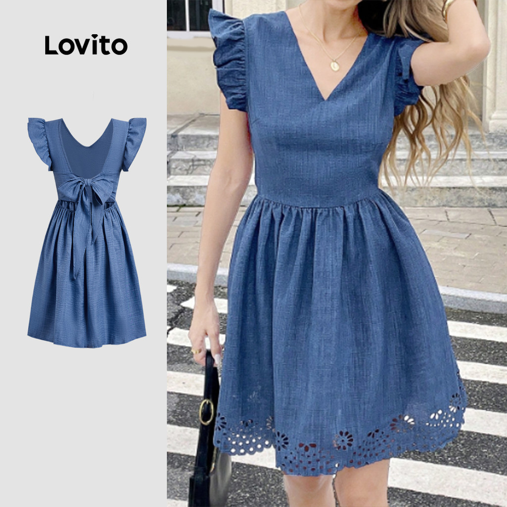Lovito Vestido Elegante de Alça com Renda de Ilhós Babado Primavera/verão para Mulheres L149ED143 em Oferta na Shopee