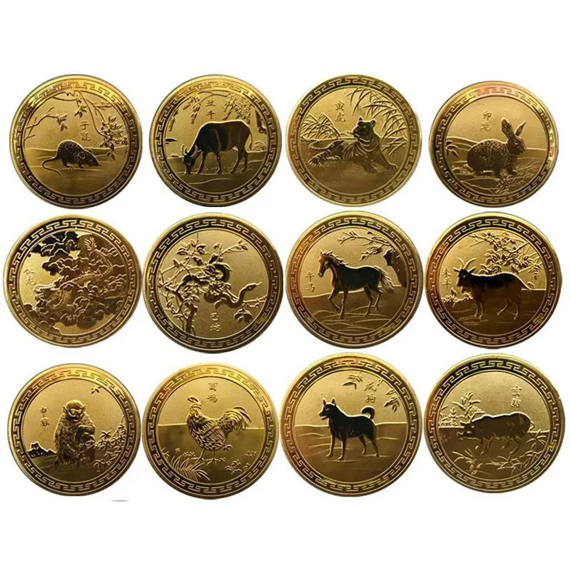 Conjunto 12 Moedas Zodíaco Chinês – Ferro da Sorte para Presentes