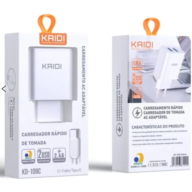 Kaidi Carregador Rápido 2 Entrada USB Cabo Dado e Carregamento Modelos Tipo-C, Micro Usb, Lightning em Oferta na Shopee