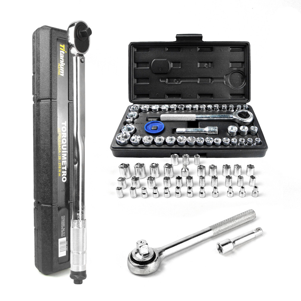 Kit Torquímetro Estalo 1/2” 28–210 Nm + Jogo de Soquetes 1/4” e 3/8” Titanium Platina