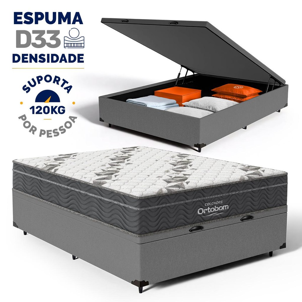 Cama Box Baú Casal  com Colchão de Espuma D33 Ortobom Airtech Ortopillow 100 em Oferta na Shopee