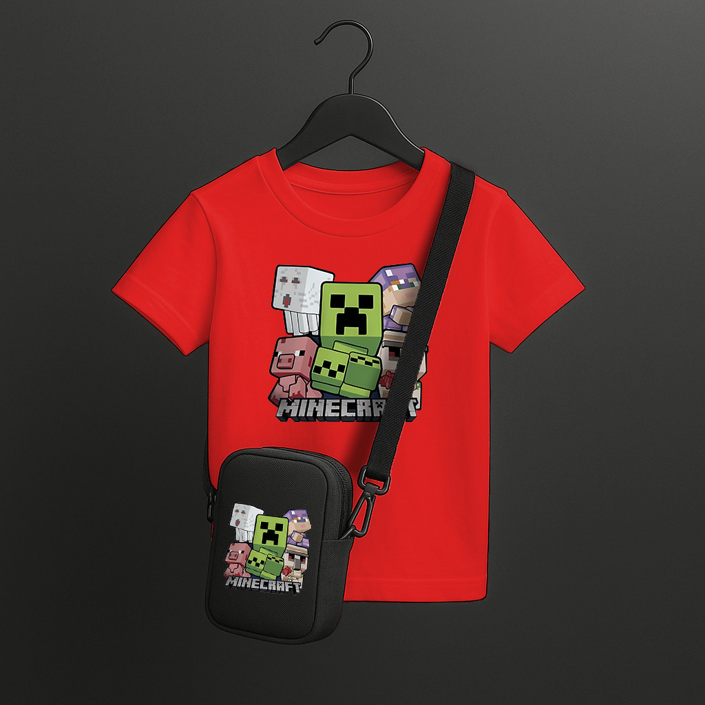 Conjunto Infantil Minecraft Original – Camiseta do Jogo + Bolsa Tiracolo para Crianças