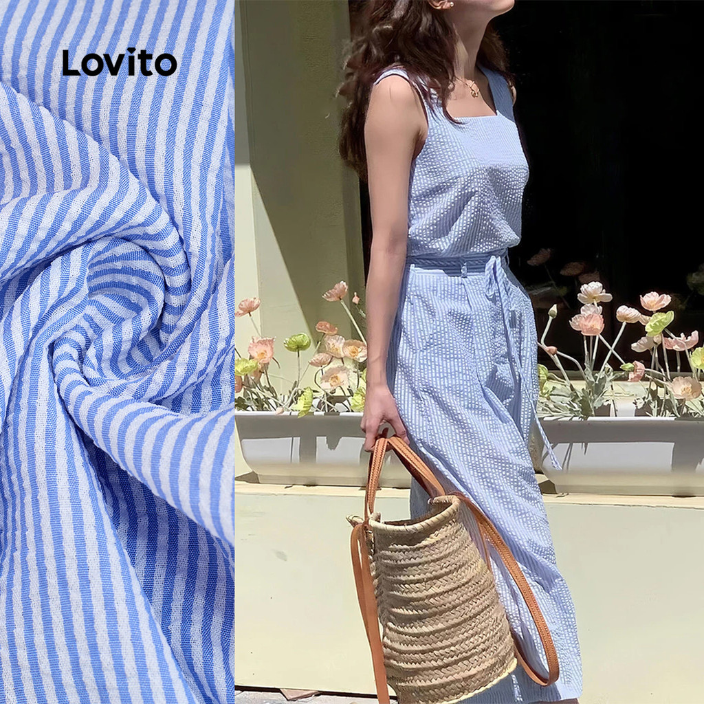 (NEW) Lovito Macacão Casual de Renda com Amarração Primavera/verão Macacão Azul para mulheres L155AD1294 em Oferta na Shopee