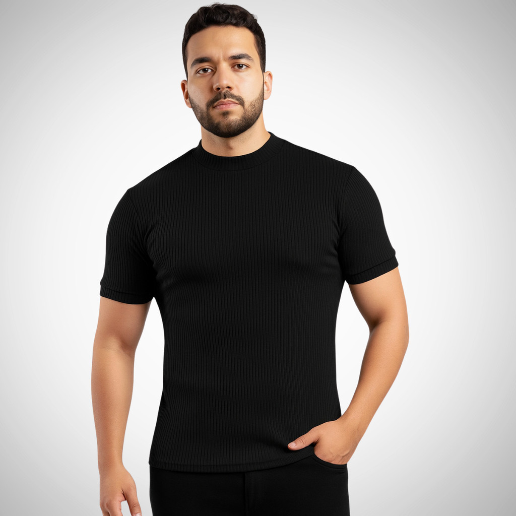 Camisetas Masculina Americana Canelada em Ribana Algodão Justa ao Corpo