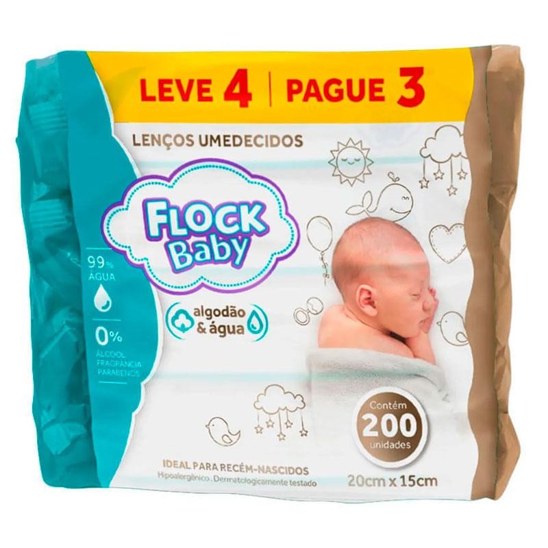 Conjunto Lenços Umedecidos Flock Baby Algodão & Água 20cm x 15cm 200 Unidades