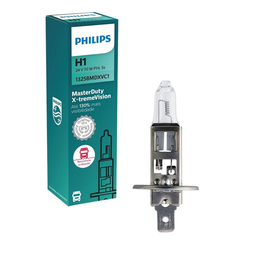Imagem LÂMPADA PHILIPS X-TREME VISION 130%+ MASTER DUTY H1 70W CAMINHÃO ÔNIBUS 24V FAROL ALTO BAIXO NEBLINA