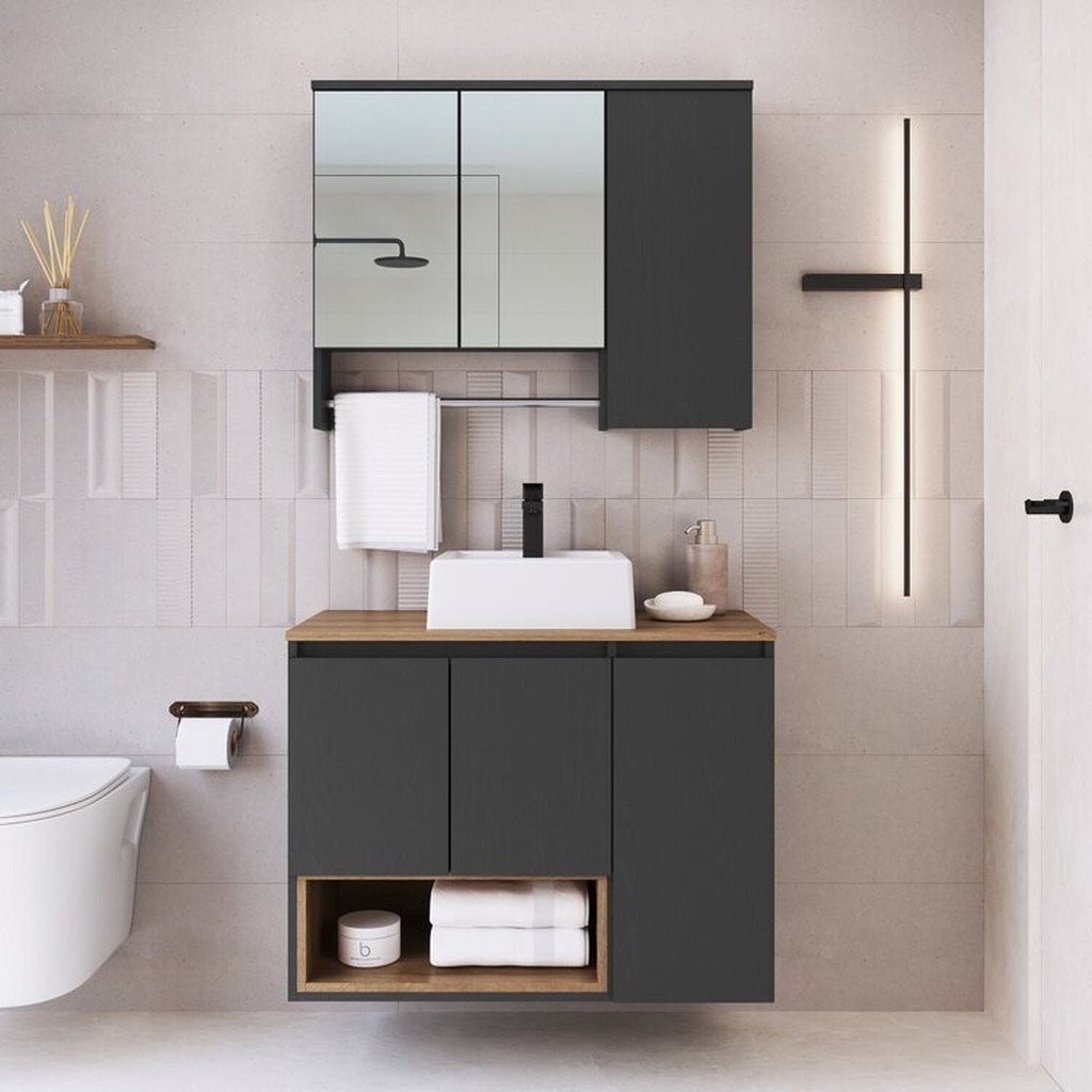 Conjunto para Gabinete Suspenso 80cm com Cuba e Espelheira 3 Portas com Toalheiro Olívia Mel/Grafite em Oferta na Shopee
