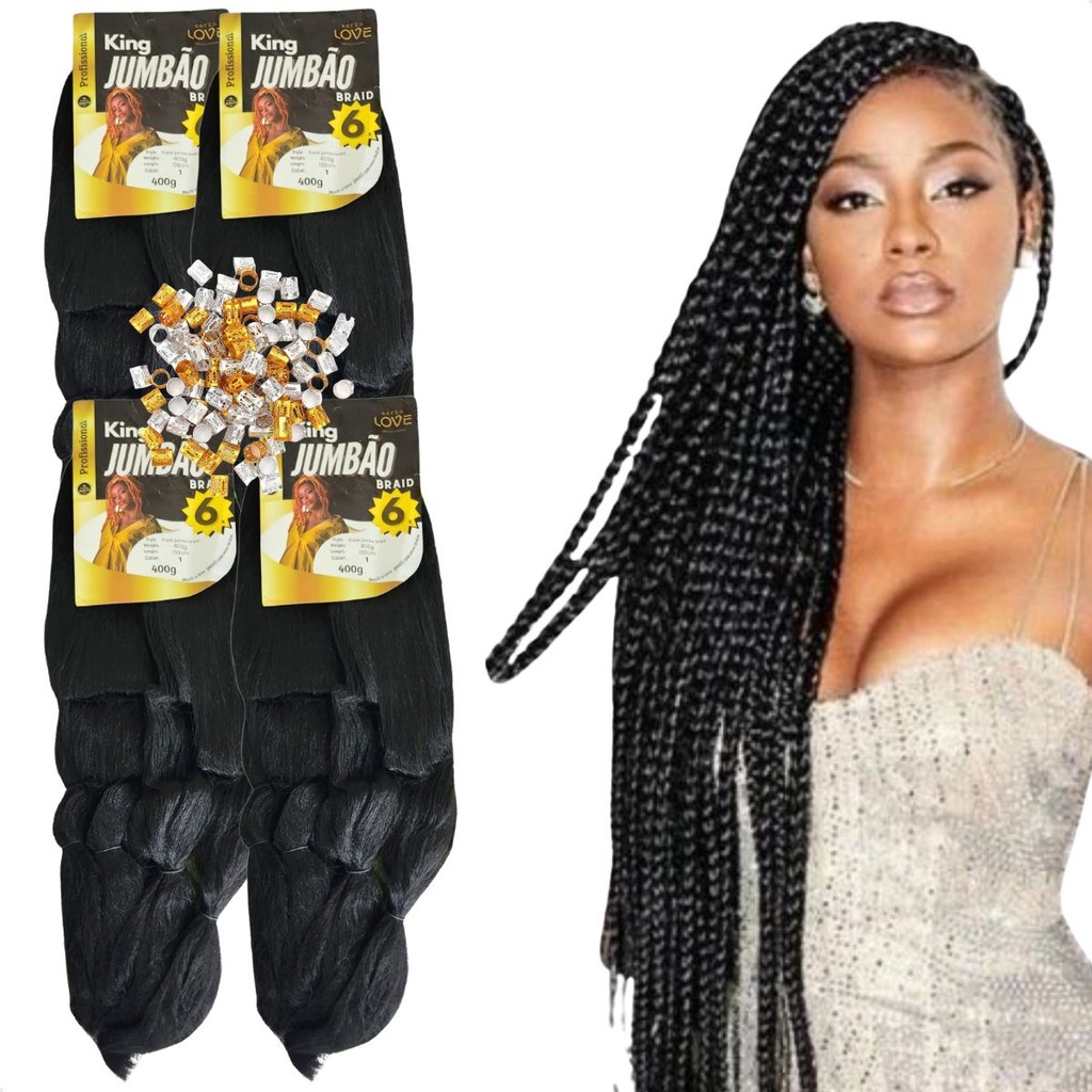 Kit 4 Pacotes Jumbo Kanekalon Cabelo King Jumbao + Anéis
