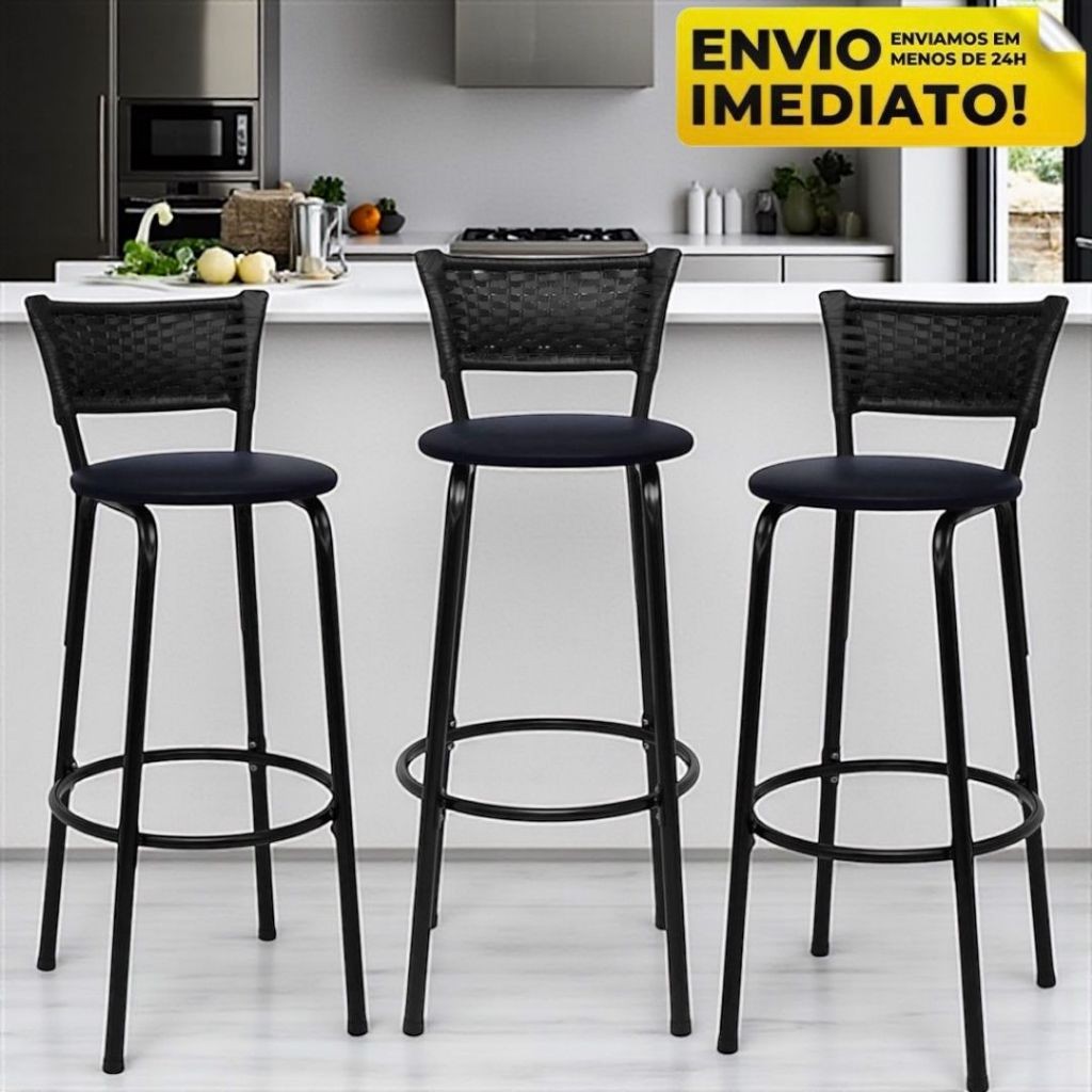 Kit 3 Banco Alto Bancada Cozinha Americana Banquetas Premium de Junco