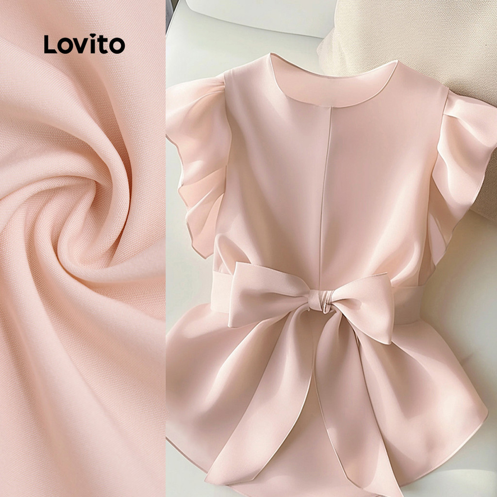 Detalhes do Lovito Elegante Simples Com Cinto Rendas Até Estrutura Linha Verão Primavera Blusa Rosa Para Mulheres L135ED463