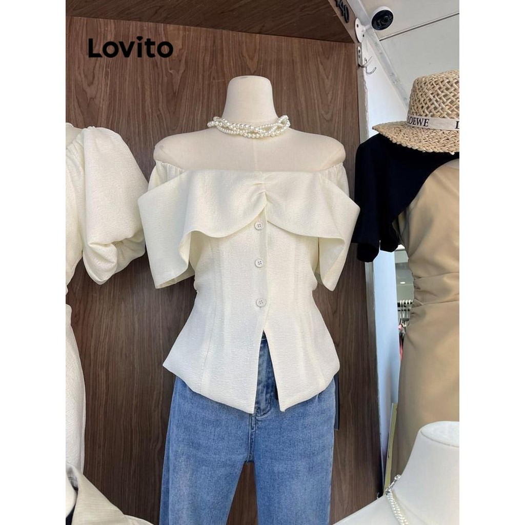 Detalhes do Lovito Blusa Feminina Casual Lisa De Ombro Frio E Frente Aberta LNE70546