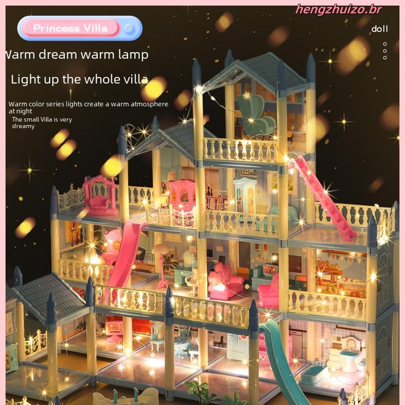 Casas De Boneca 3D Montado DIY Miniaturas Casa De Bonecas Acessórios Villa Princesa Castelo com Luz LED Menina Presente