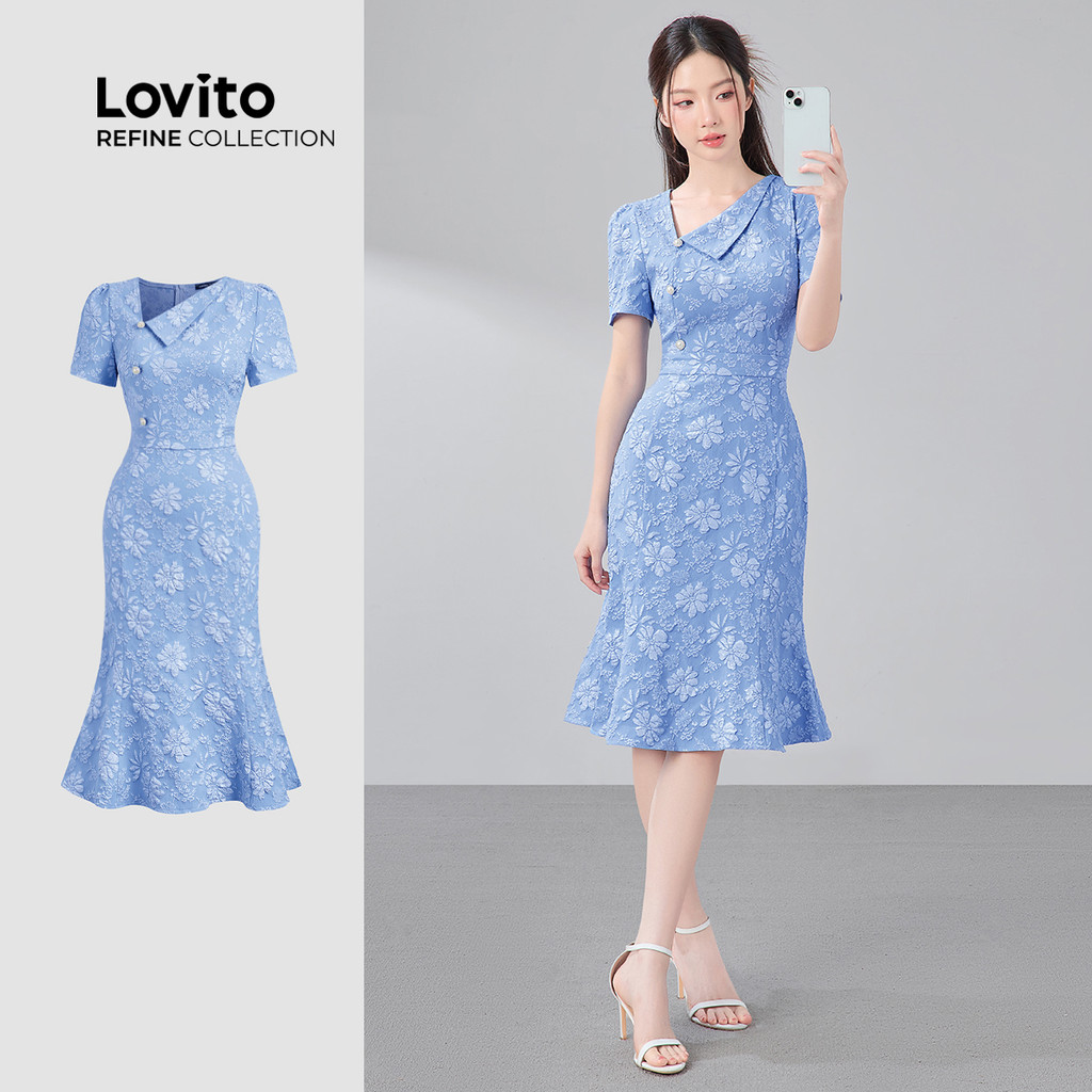 (NEW) (Lovito Refine) Vestido Elegante de Estrutura Assimétrica para Primavera/verão Azul para mulheres LR21A028