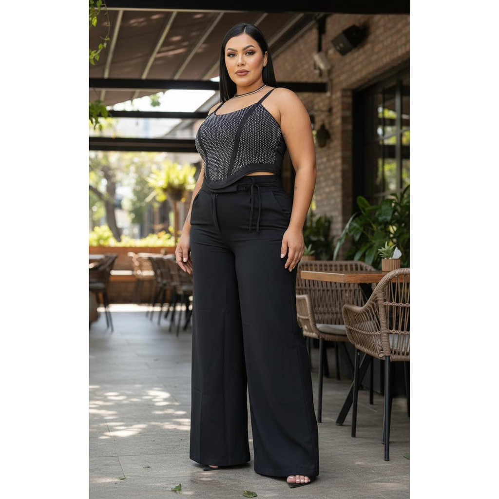 Conjunto Plus Size Calça Pantalona Croped Pedraria  Alcinha