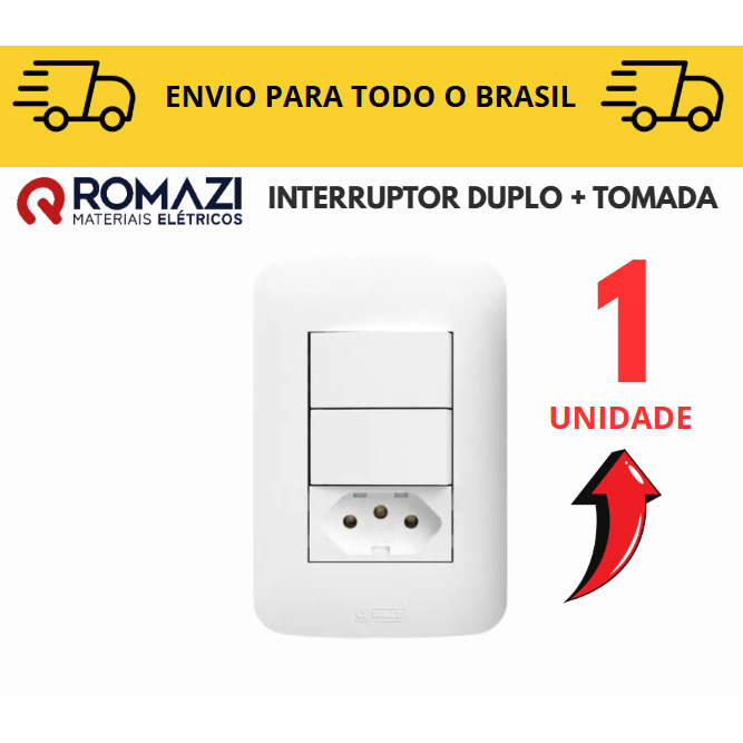 Interruptor Duplo com Tomada 10A canoa romazi e Interruptores linha canoa romazi / 20A  / Tomada