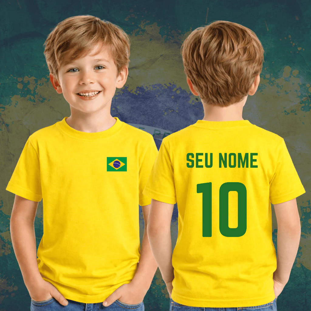 Camiseta Infantil Criança Seleção Brasileira Personalizada Com Seu Nome Copa Do Mundo 2026 Brasil