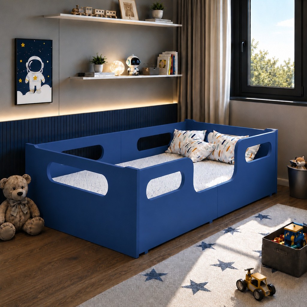 Cama Confortável Encanto Azul Montessoriana Infantil Com Colchão Incluso Seguro Moderno Para Quarto Menino