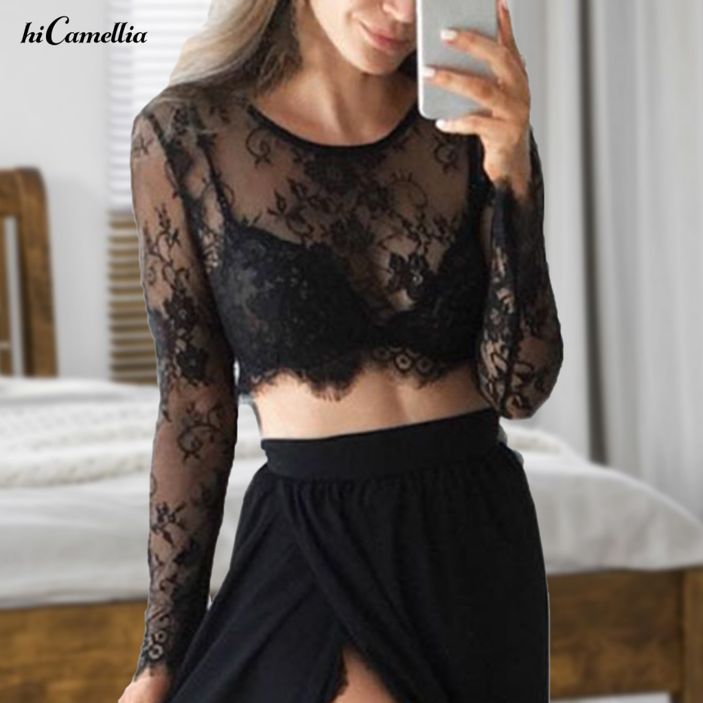 Hirxfs O-Neck Manga Comprida Bordado Padrão Crop Top Feminino Transparente Blusa De Renda Floral