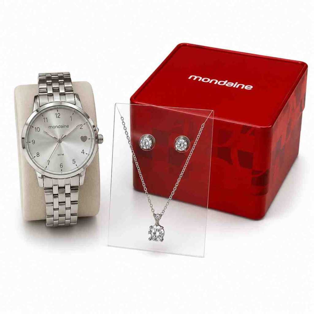 Kit Relógio + Colar e Brincos Mondaine Prata Feminino 99907L0MKNE2K1