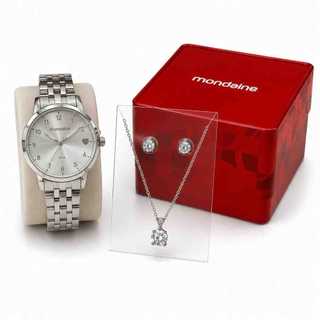 Kit Relógio + Colar e Brincos Mondaine Prata Feminino 99907L0MKNE2K1