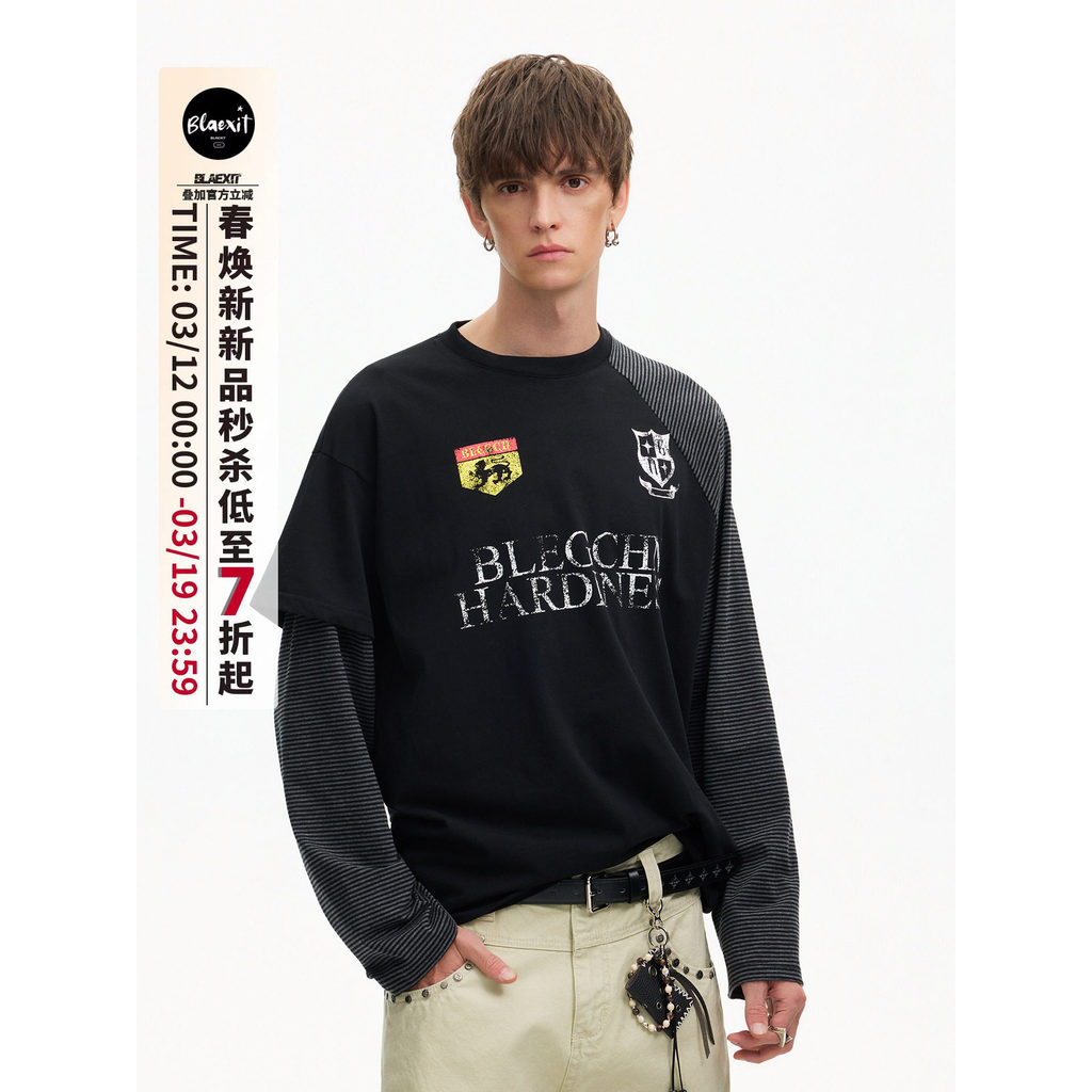 BLAEXIT Design de costura Irregular sentir falso de duas peças interno de manga comprida camiseta masculina High-End str