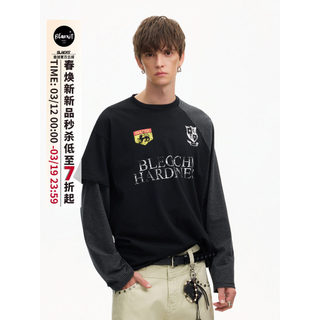 BLAEXIT Design de costura Irregular sentir falso de duas peças interno de manga comprida camiseta masculina High-End str