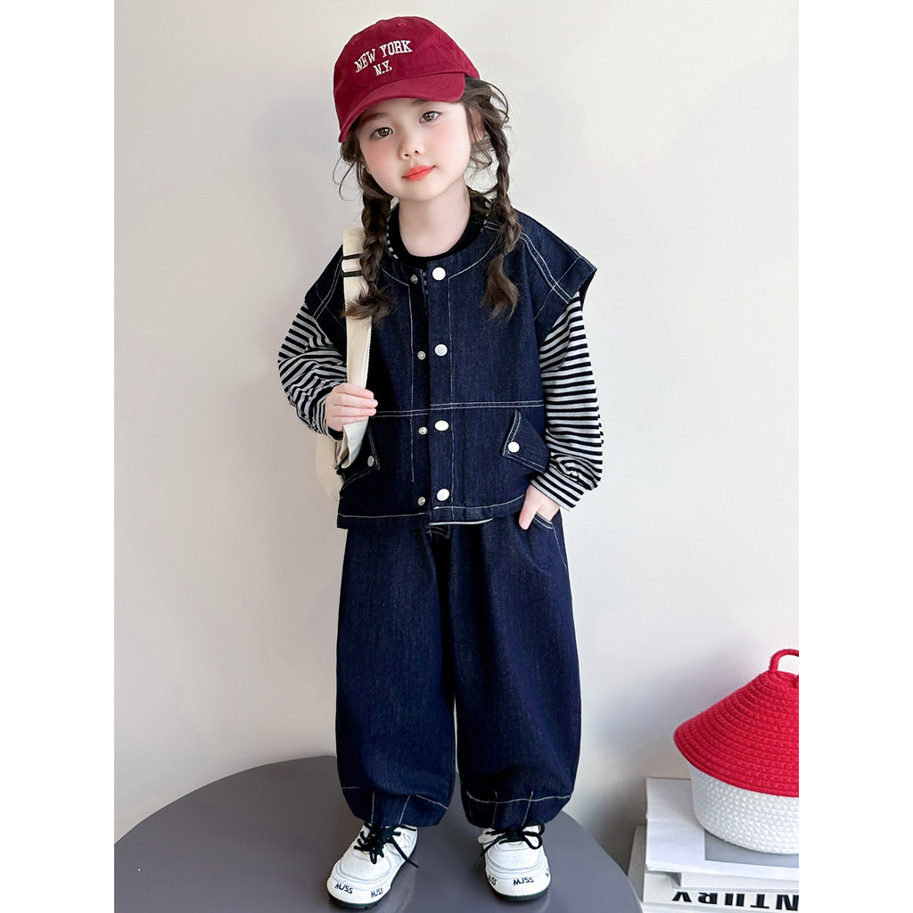 Meninas Denim terno 2026 novo estilo roupas de primavera bebê menina moda primavera menina crianças terno de três p