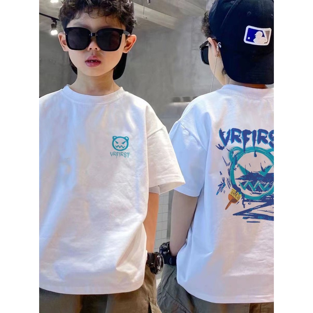 Meninos puro algodão de manga curta camiseta verão roupas infantis moda crianças impresso meia manga solta topo moda Tre