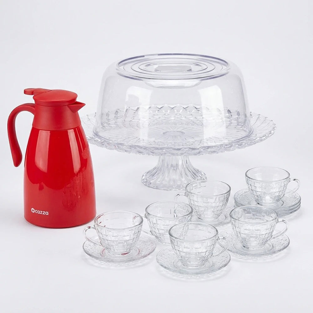 Kit Boleira de Vidro Tampa Confit com 6 Xícaras e Garrafa Térmica Vermelha Cazza