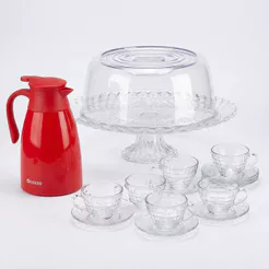 Kit Boleira de Vidro Tampa Confit com 6 Xícaras e Garrafa Térmica Vermelha Cazza