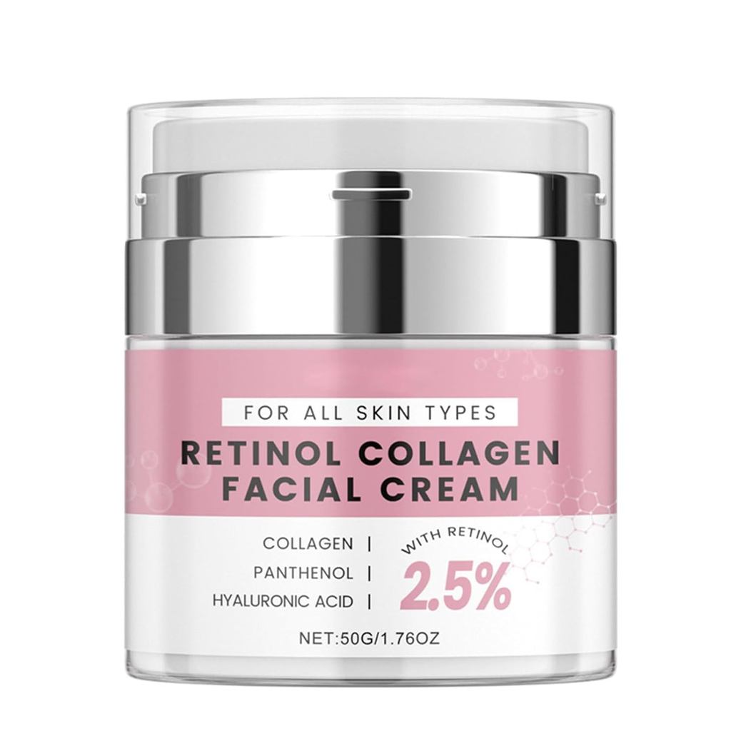 Hidratante Facial de Colágeno com Bomba Airless - Creme de Colágeno para a Pele com 2,5% de Retinol, Pantenol, Ácido Hia