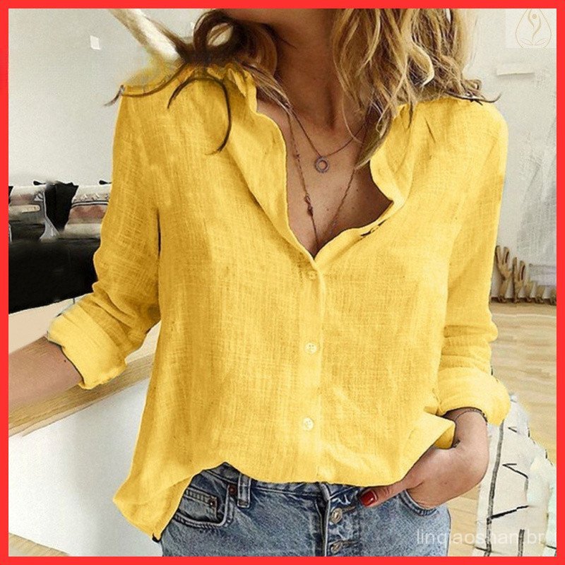 Camisas de Linho Femininas e Camisas Simples, Camisas de Manga Longa Elegantes, Camisas de Linho de Manga Longa Soltas e
