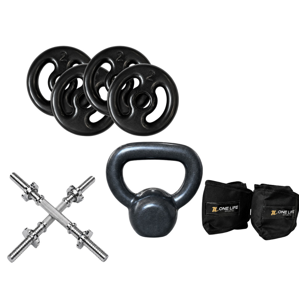 kit musculação | 6kg de anilha + par barra 40cm + kettlebell 4kg + canelerias 2kg | fit copa cross