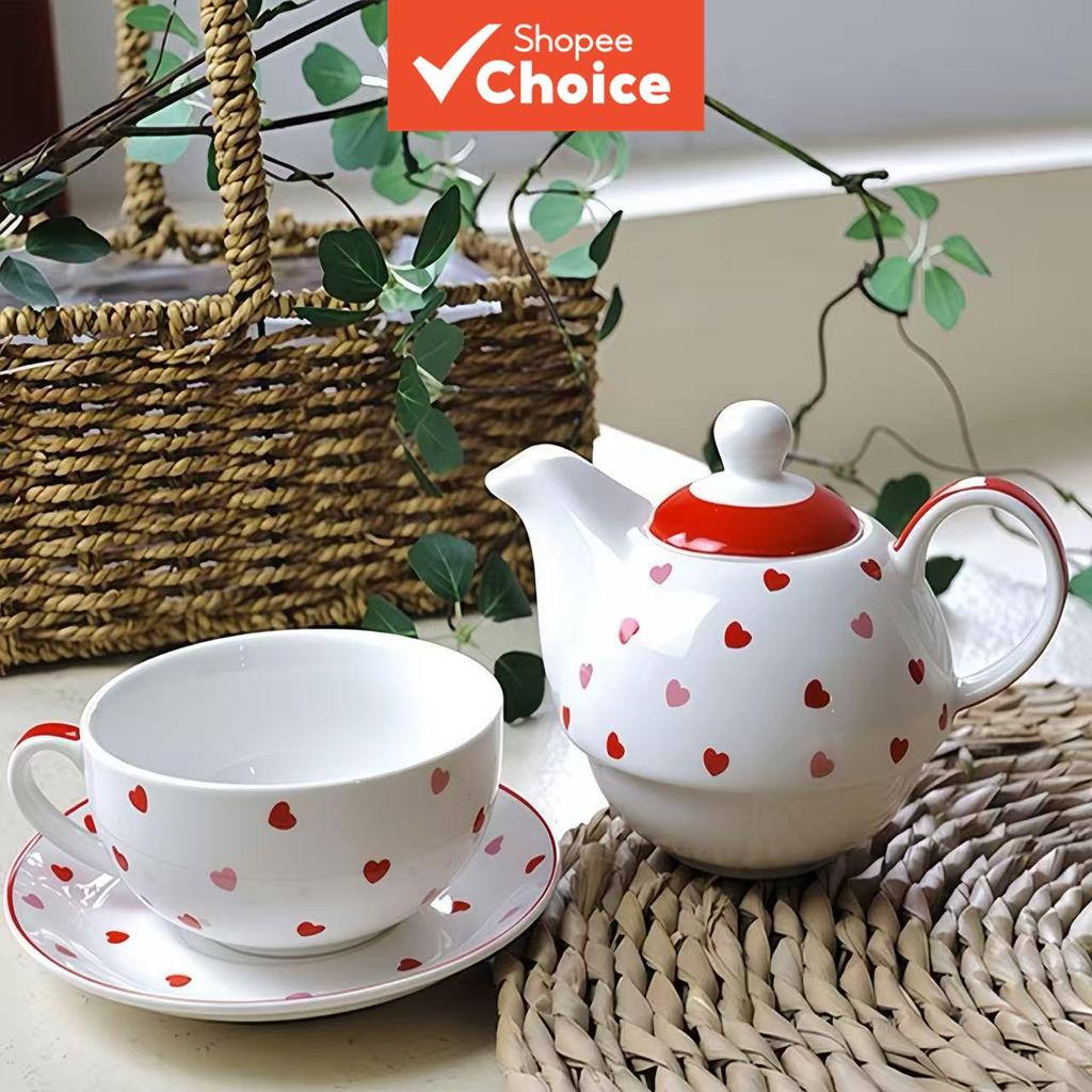 Conjunto de chá e cafeteira em cerâmica, estilo mãe-filha, com bule em formato de coração e bule de chá, conjunto de