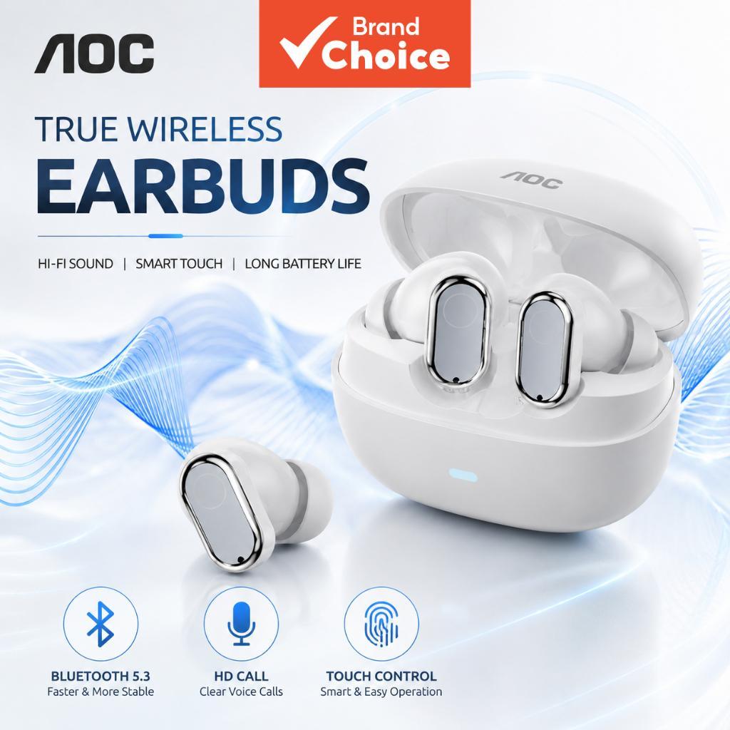 Fones de Ouvido Bluetooth 5.3 AOC True Wireless, Drivers Dinâmicos de 10mm, Som Estéreo Hi-Fi Imersivo, Controle Touch